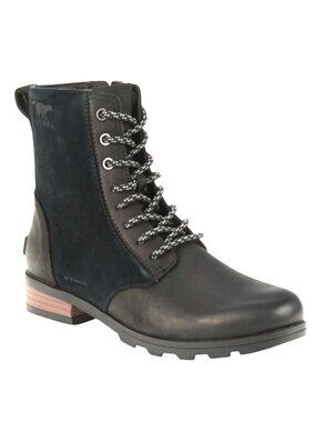New Sorel Emelie Short Lace Zip  Waterproof Combat Boots Womens 8 Black Leather